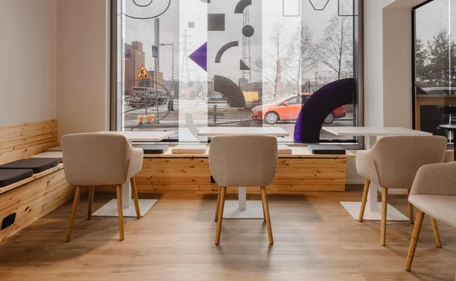 Window seats with Innovation Hub graphics
